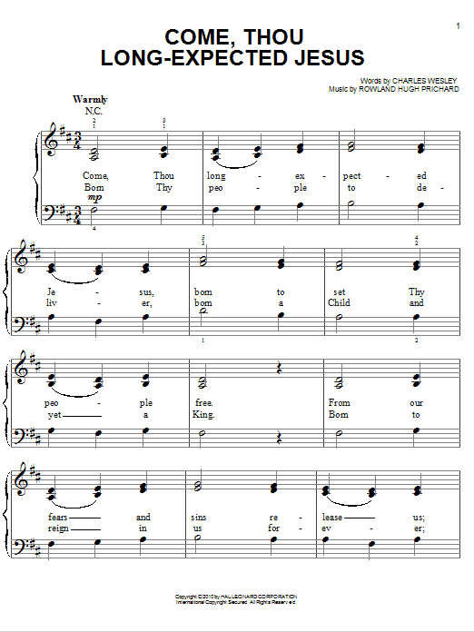 Chris Tomlin Come, Thou Long-Expected Jesus sheet music notes and chords arranged for Easy Piano