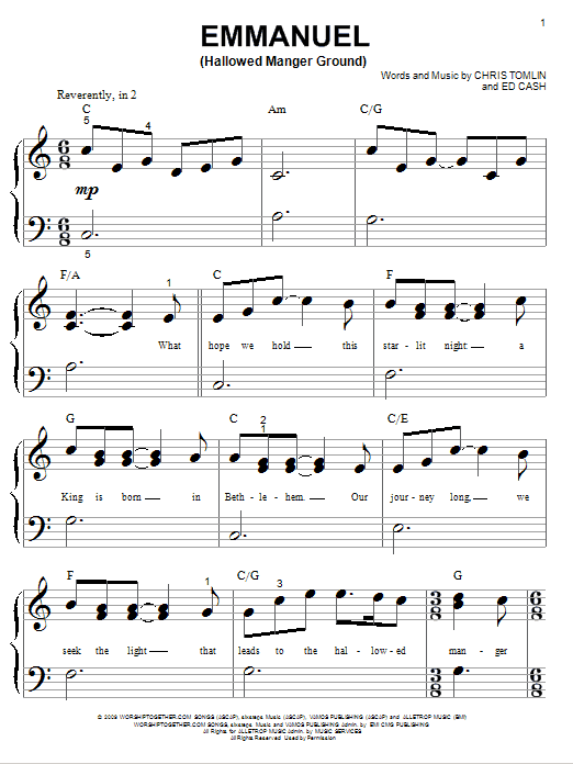 Chris Tomlin Emmanuel (Hallowed Manger Ground) sheet music notes and chords arranged for Big Note Piano