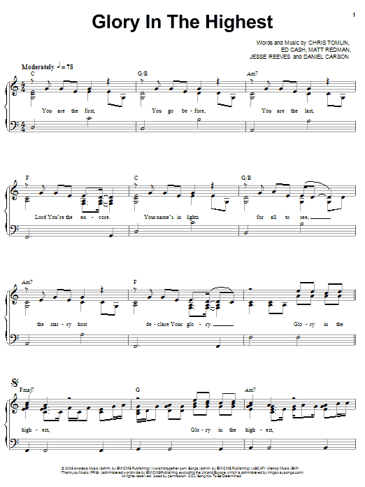 Chris Tomlin Glory In The Highest sheet music notes and chords arranged for Piano, Vocal & Guitar Chords (Right-Hand Melody)