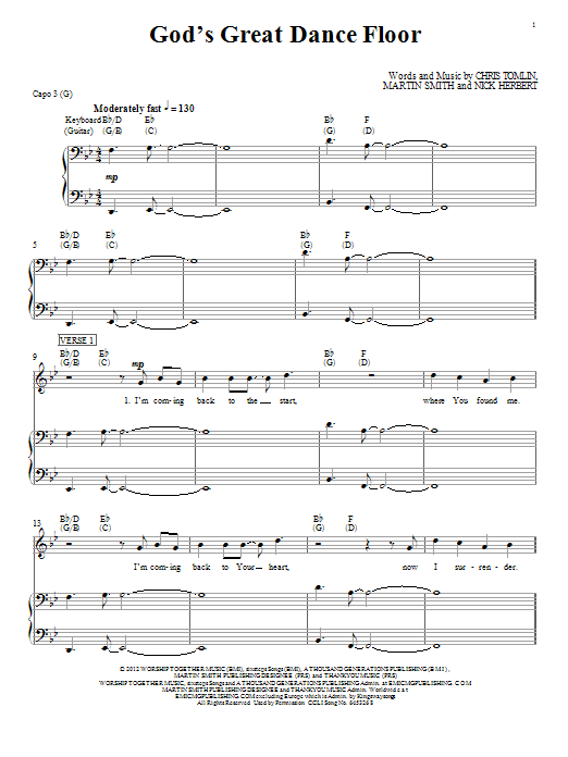 Chris Tomlin God's Great Dance Floor sheet music notes and chords arranged for Piano, Vocal & Guitar Chords (Right-Hand Melody)