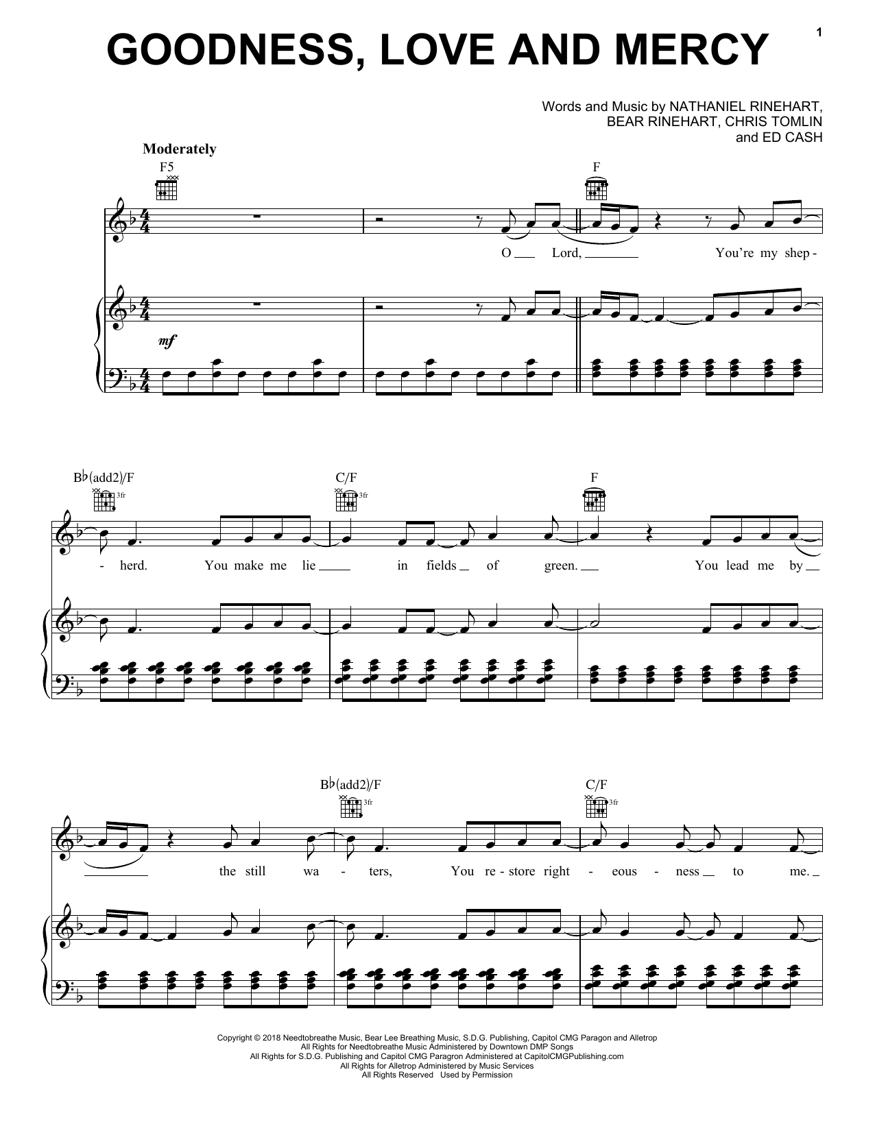 Chris Tomlin Goodness, Love And Mercy sheet music notes and chords arranged for Piano, Vocal & Guitar Chords (Right-Hand Melody)