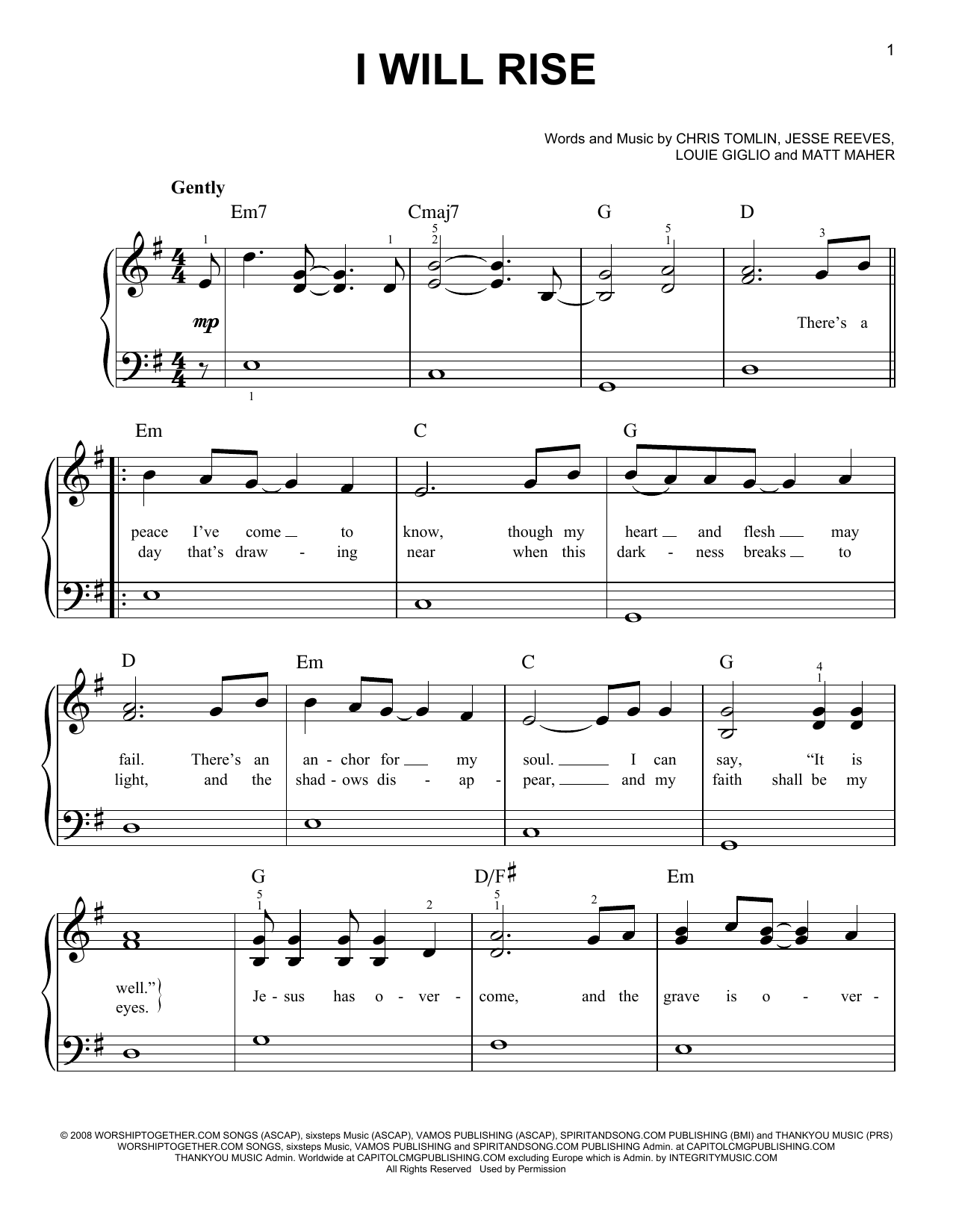 Chris Tomlin I Will Rise sheet music notes and chords arranged for Super Easy Piano