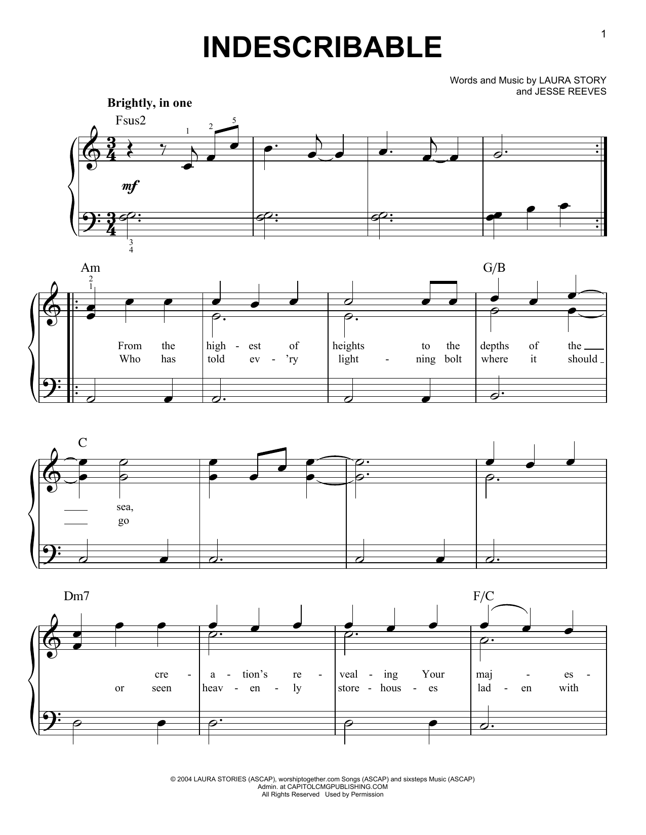 Chris Tomlin Indescribable sheet music notes and chords arranged for Big Note Piano