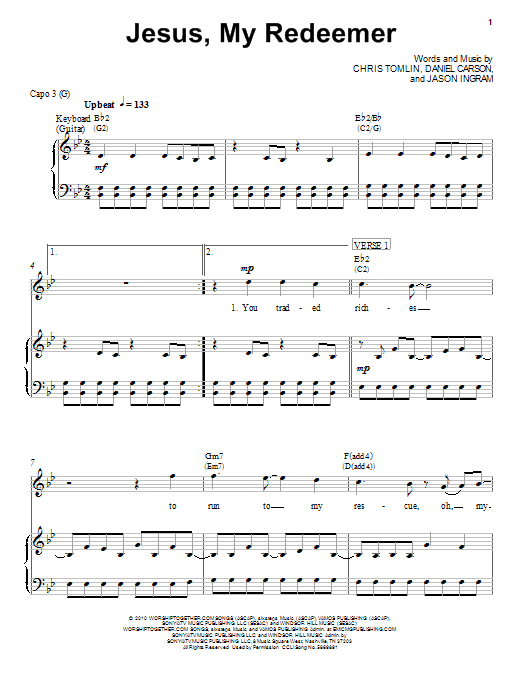 Chris Tomlin Jesus, My Redeemer sheet music notes and chords arranged for Easy Piano