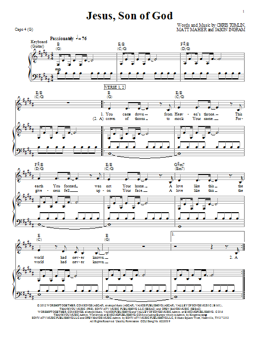 Chris Tomlin Jesus, Son Of God sheet music notes and chords arranged for Piano, Vocal & Guitar Chords (Right-Hand Melody)