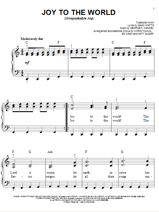 Chris Tomlin Joy To The World (Unspeakable Joy) sheet music notes and chords arranged for Easy Piano