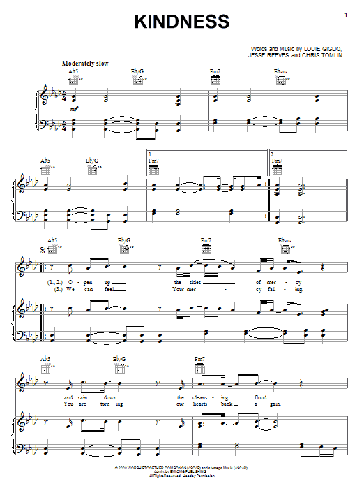 Chris Tomlin Kindness sheet music notes and chords arranged for Piano, Vocal & Guitar Chords (Right-Hand Melody)
