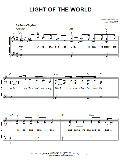 Chris Tomlin Light Of The World sheet music notes and chords arranged for Easy Piano