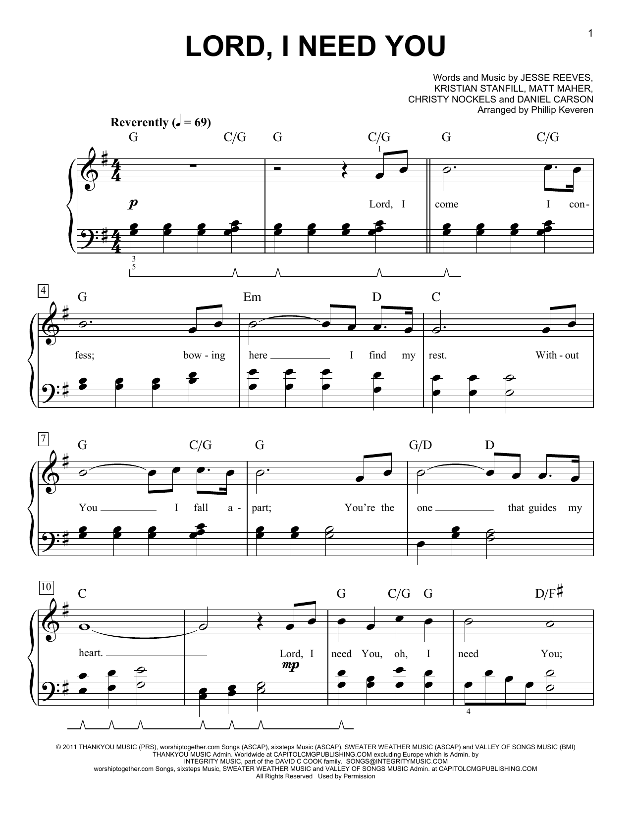 Chris Tomlin Lord, I Need You (arr. Phillip Keveren) sheet music notes and chords arranged for Easy Piano