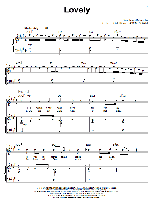 Chris Tomlin Lovely sheet music notes and chords arranged for Easy Piano
