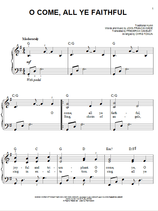 Chris Tomlin O Come, All Ye Faithful sheet music notes and chords arranged for Easy Piano