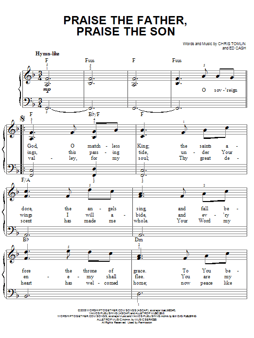 Chris Tomlin Praise The Father, Praise The Son sheet music notes and chords arranged for Easy Piano