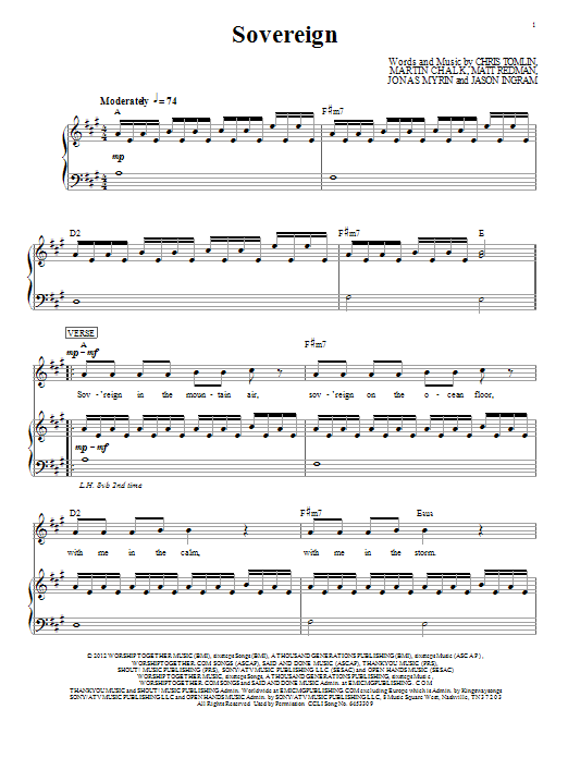 Chris Tomlin Sovereign sheet music notes and chords arranged for Piano, Vocal & Guitar Chords (Right-Hand Melody)