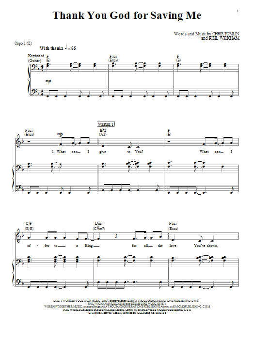 Chris Tomlin Thank You God For Saving Me sheet music notes and chords arranged for Piano, Vocal & Guitar Chords (Right-Hand Melody)