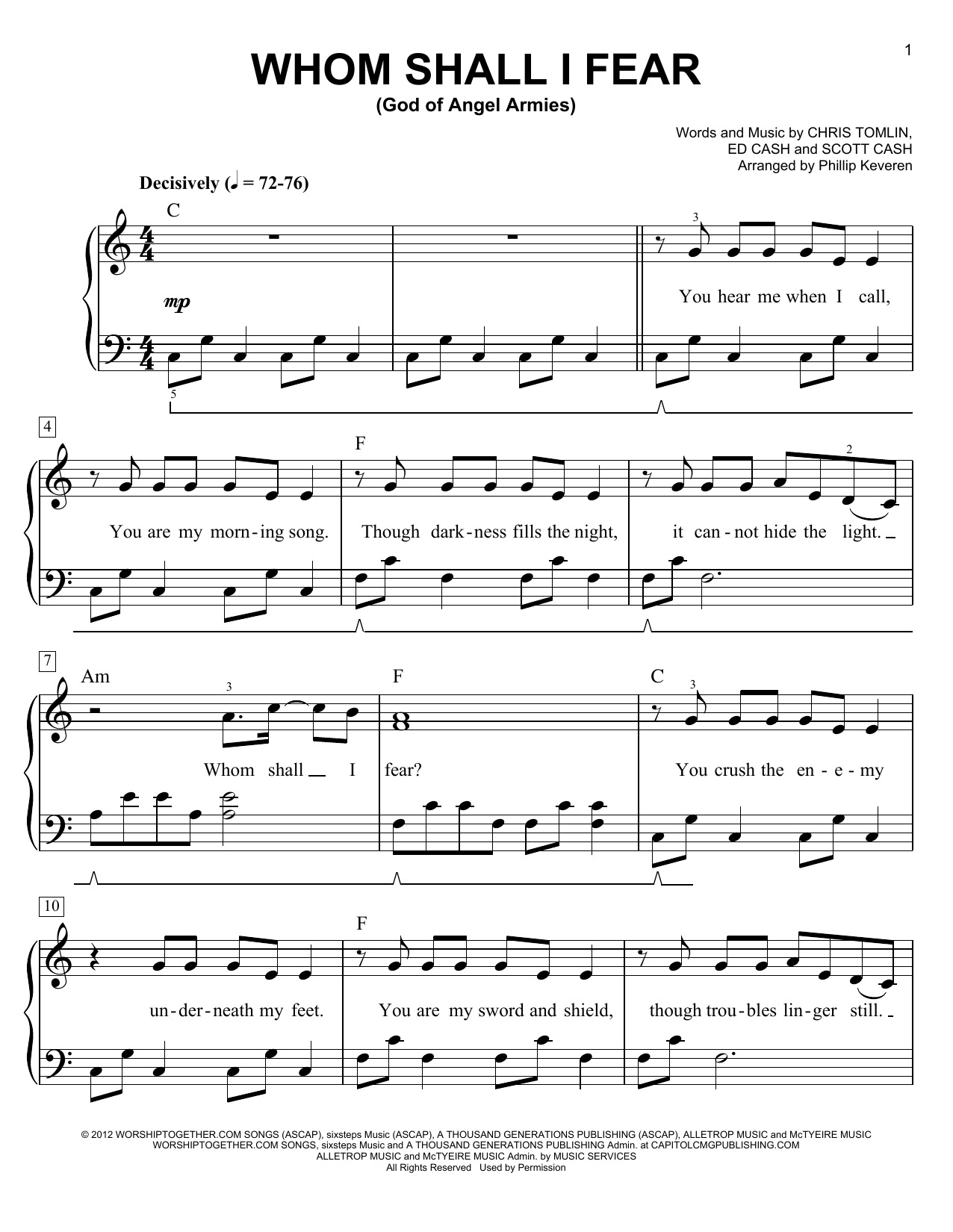 Chris Tomlin Whom Shall I Fear (God Of Angel Armies) (arr. Phillip Keveren) sheet music notes and chords arranged for Easy Piano