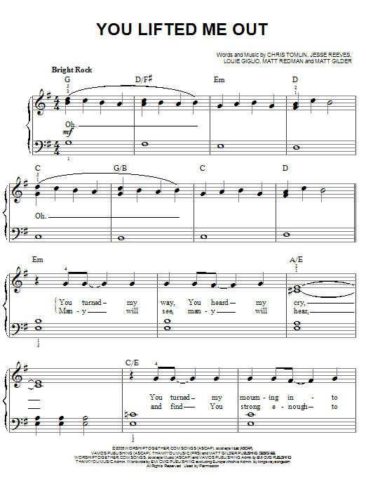 Chris Tomlin You Lifted Me Out sheet music notes and chords arranged for Easy Piano