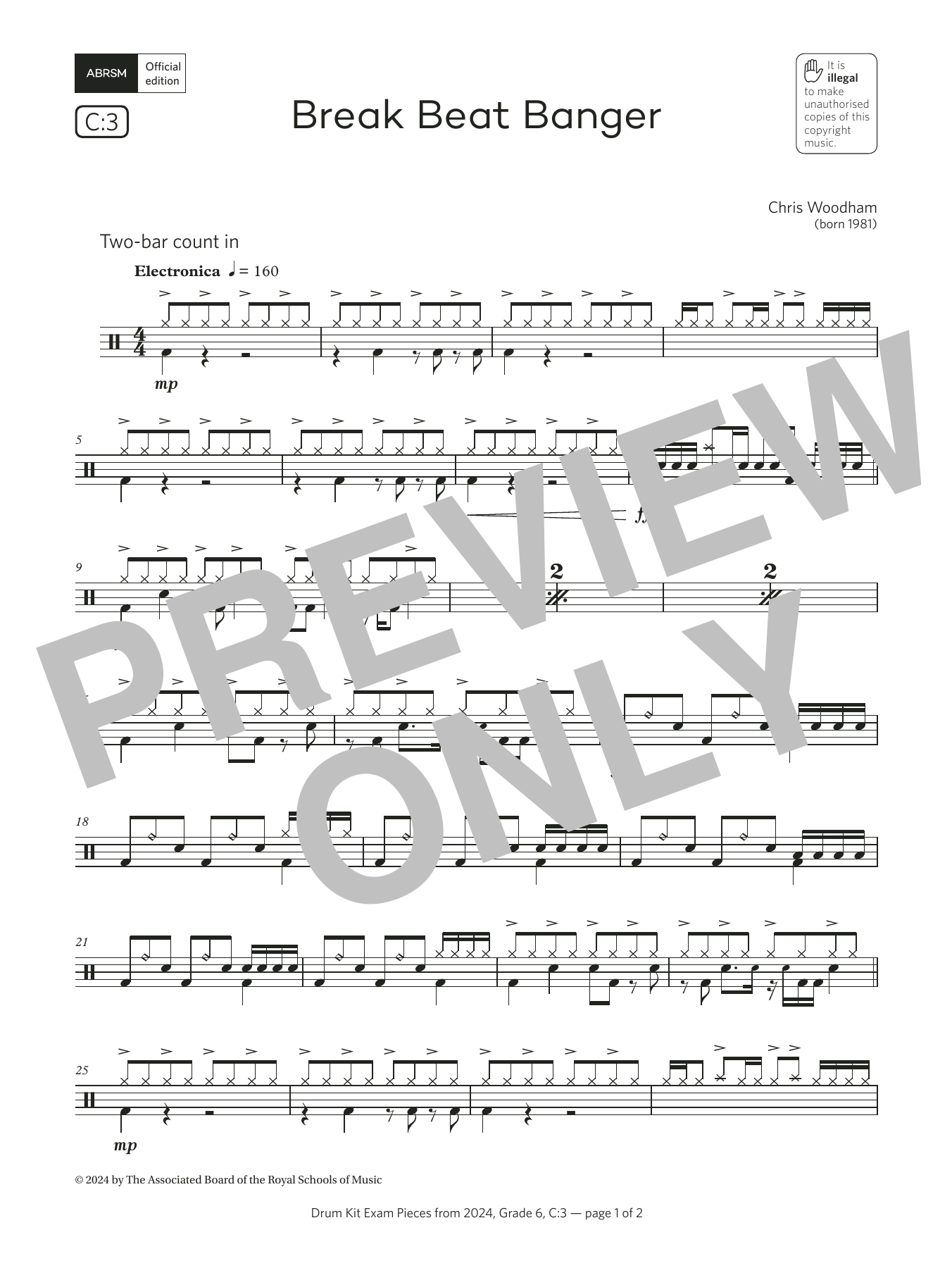 Chris Woodham Break Beat Banger (Grade 6, list C3, from the ABRSM Drum Kit Syllabus 2024) sheet music notes and chords arranged for Drums