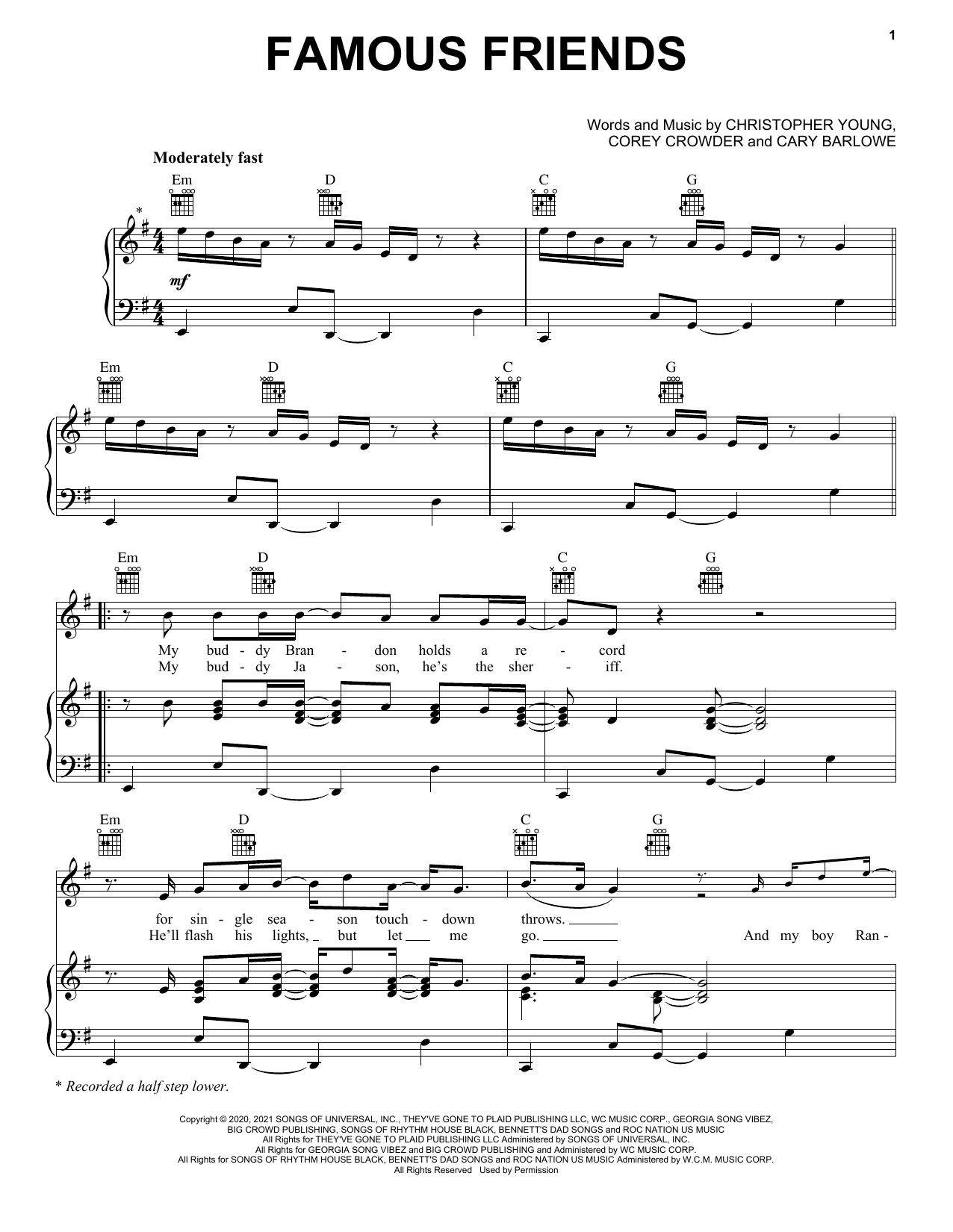 Chris Young and Kane Brown Famous Friends sheet music notes and chords arranged for Piano, Vocal & Guitar Chords (Right-Hand Melody)