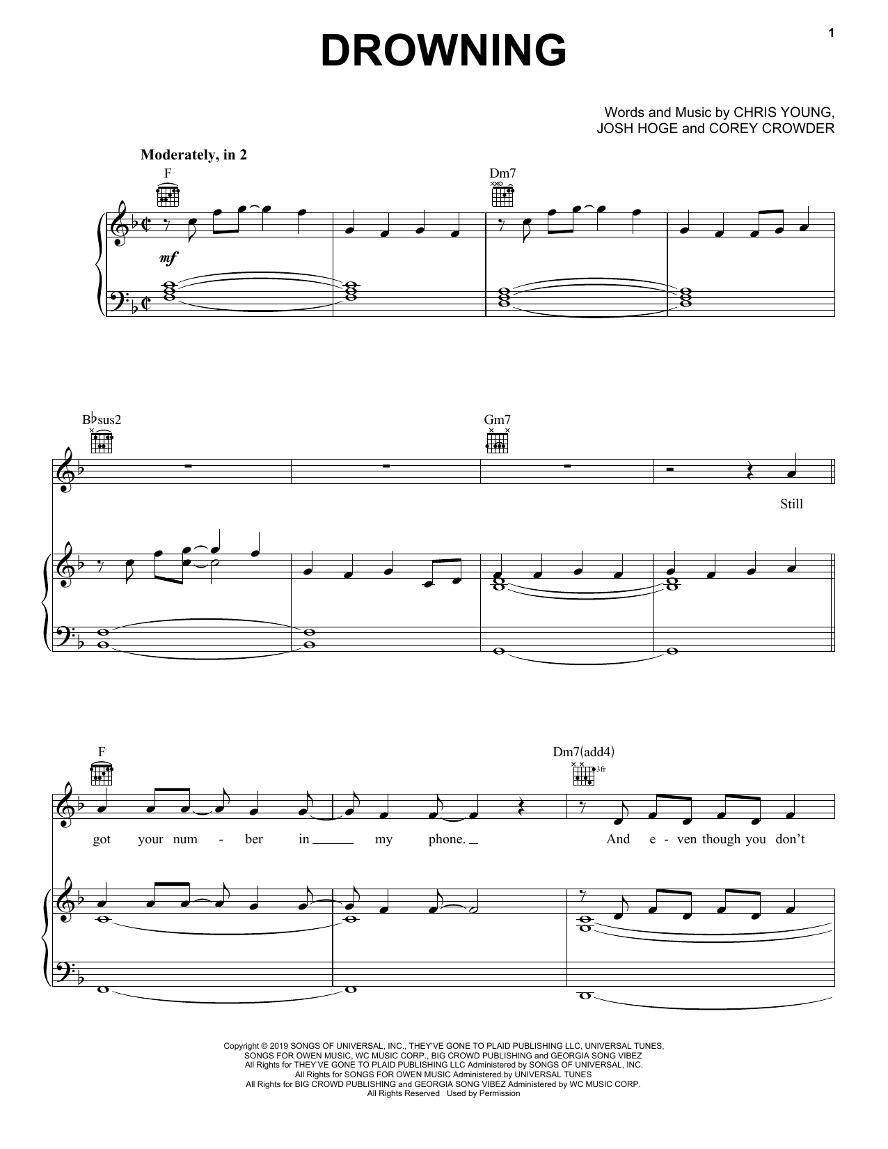 Chris Young Drowning sheet music notes and chords arranged for Piano, Vocal & Guitar Chords (Right-Hand Melody)