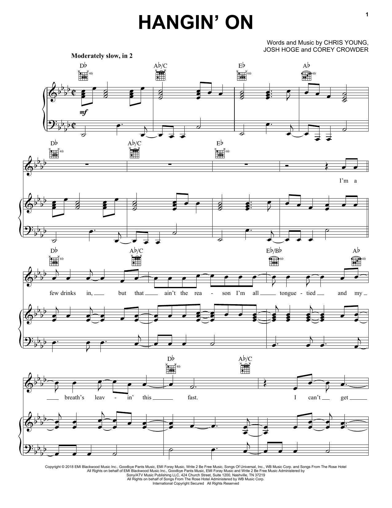 Chris Young Hangin' On sheet music notes and chords arranged for Piano, Vocal & Guitar Chords (Right-Hand Melody)