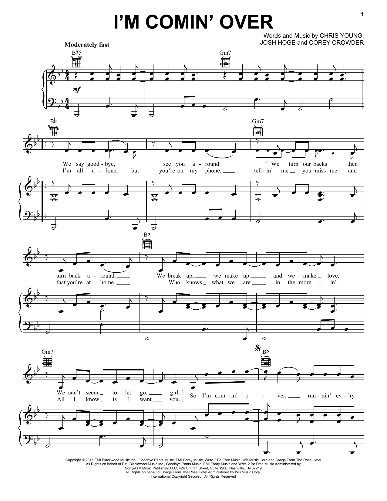 Chris Young I'm Comin' Over sheet music notes and chords arranged for Piano, Vocal & Guitar Chords (Right-Hand Melody)