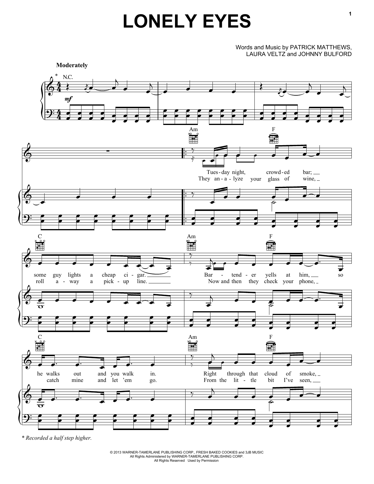 Chris Young Lonely Eyes sheet music notes and chords arranged for Piano, Vocal & Guitar Chords (Right-Hand Melody)