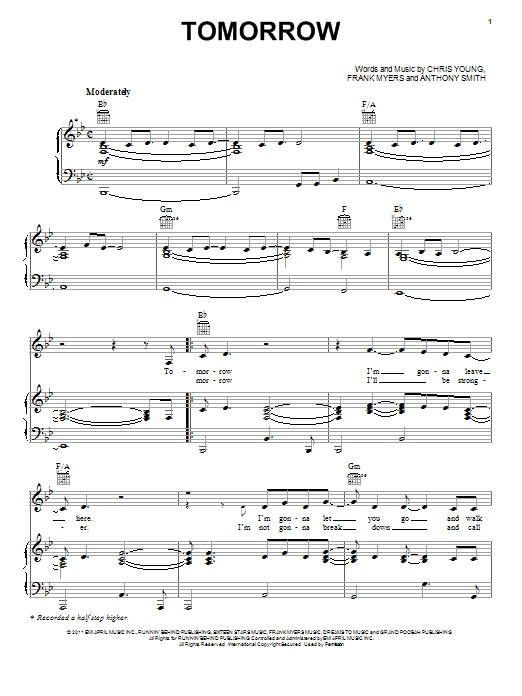 Chris Young Tomorrow sheet music notes and chords arranged for Piano, Vocal & Guitar Chords (Right-Hand Melody)