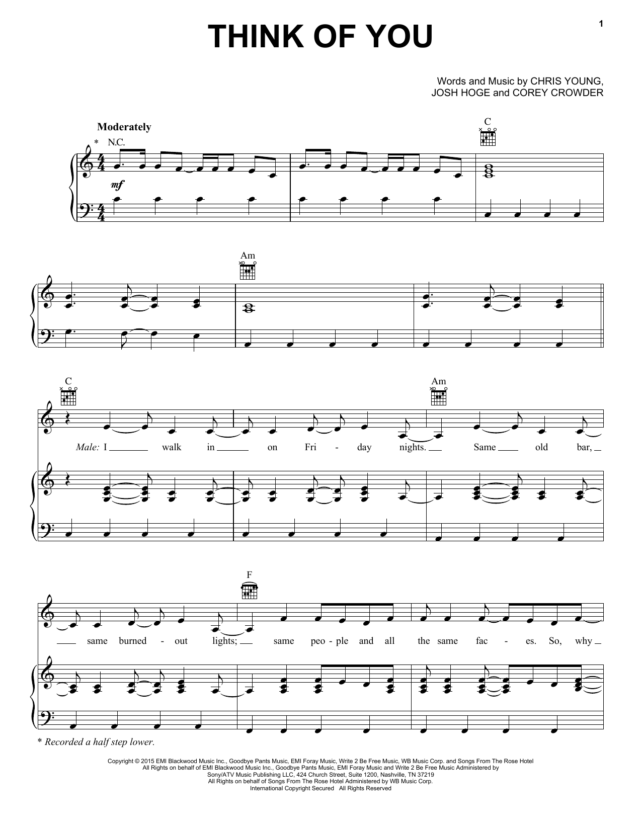 Chris Young with Cassadee Pope Think Of You sheet music notes and chords arranged for Piano, Vocal & Guitar Chords (Right-Hand Melody)