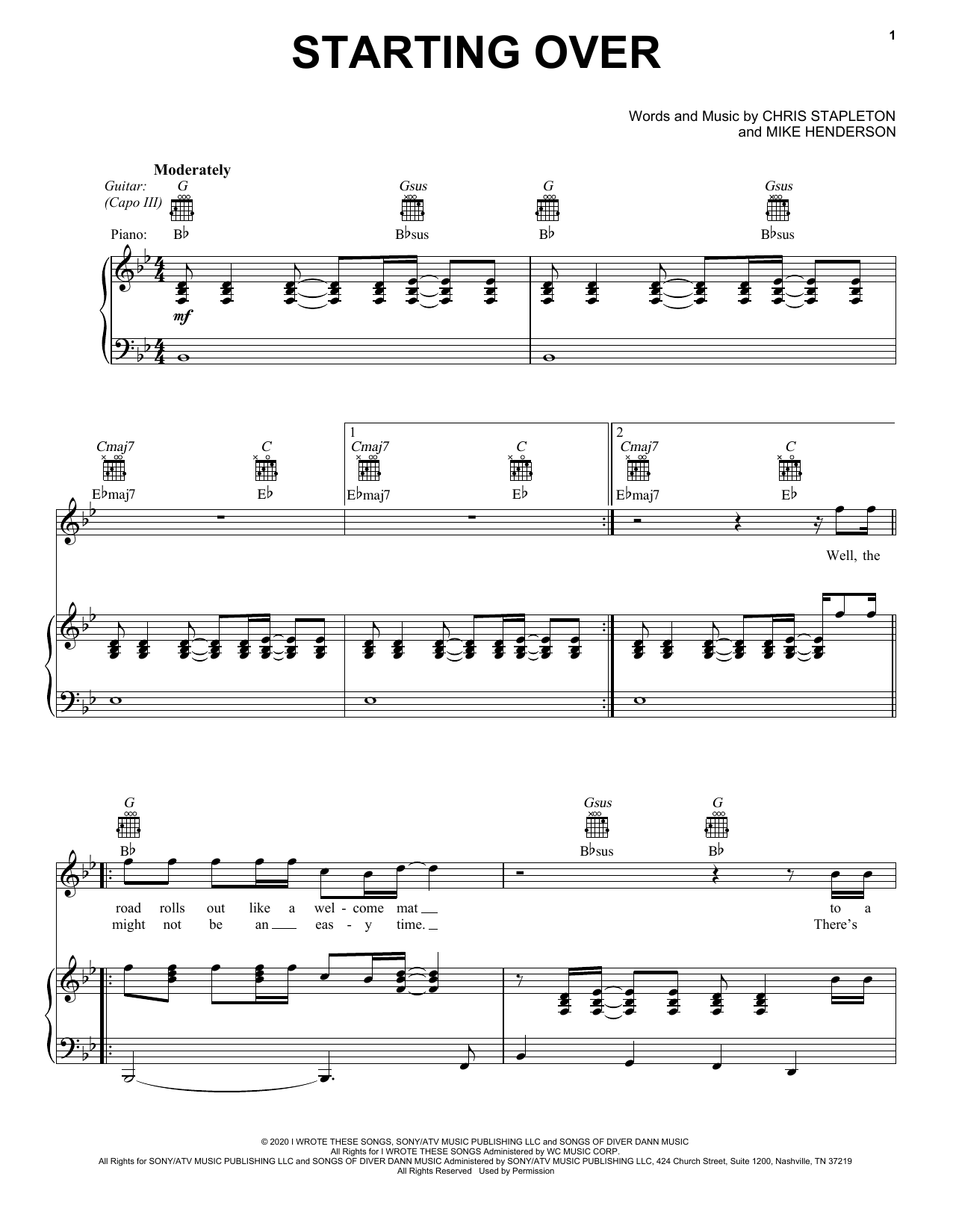 Chris Stapleton Starting Over sheet music notes and chords arranged for Easy Piano