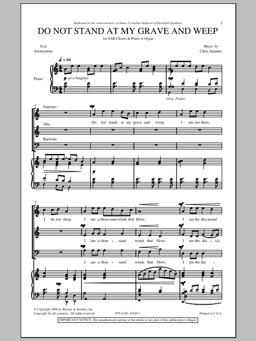 Christ Saranec Do Not Stand At My Grave And Weep sheet music notes and chords arranged for SAB Choir