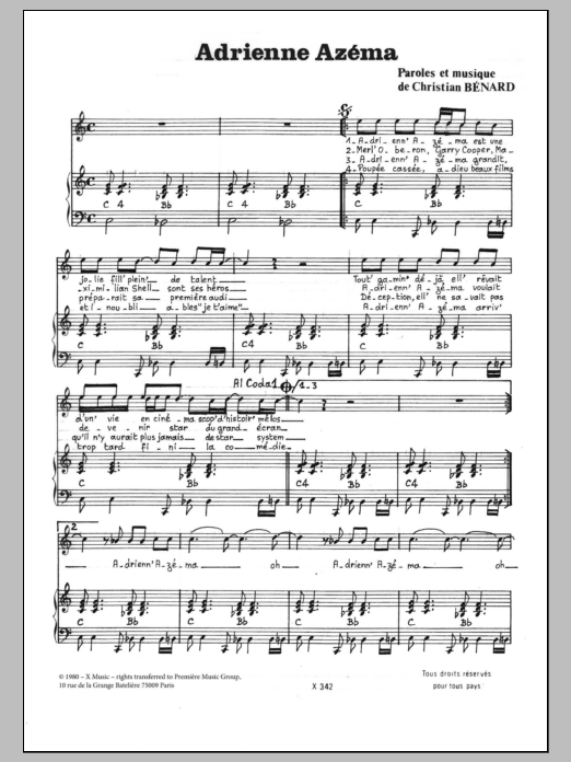Christian Benard ADRIENNE AZEMA sheet music notes and chords arranged for Piano & Vocal
