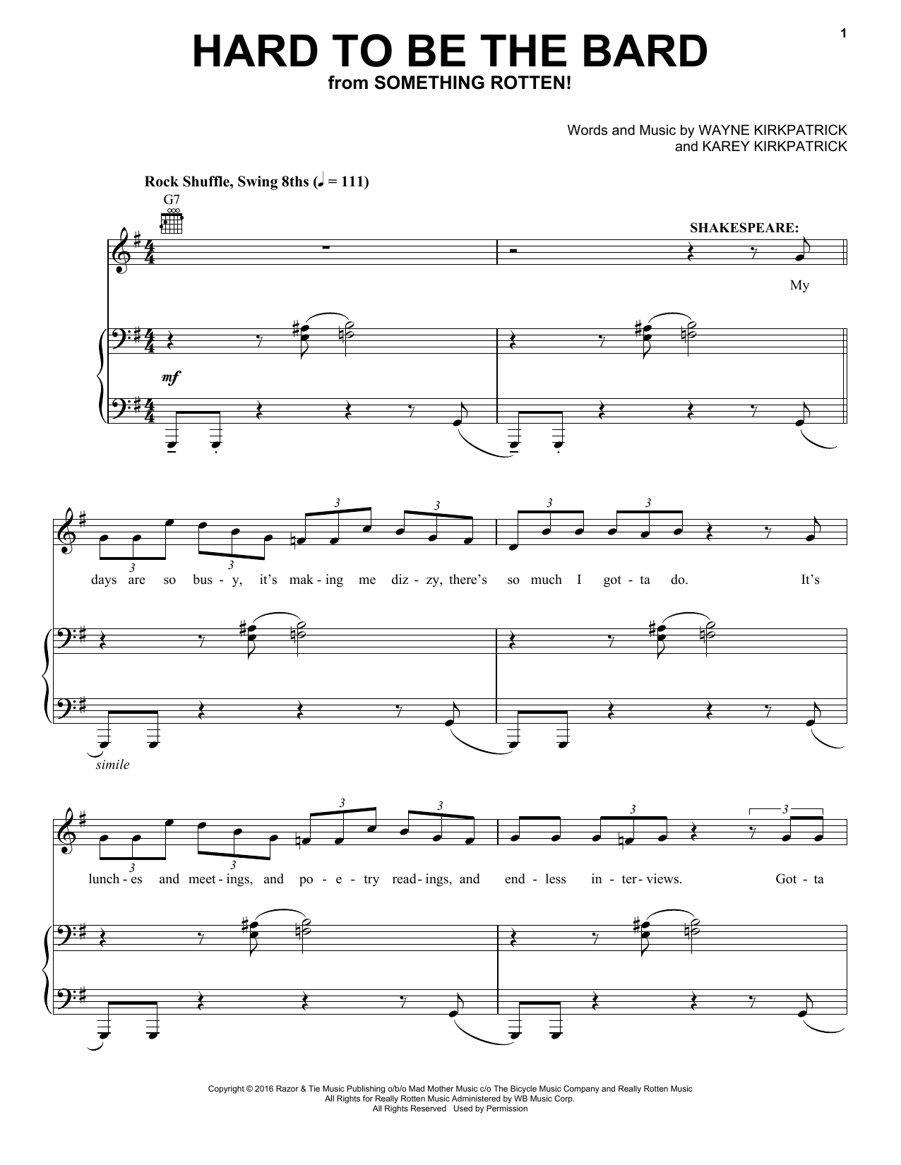 Christian Borle Hard To Be The Bard (from Something Rotten!) sheet music notes and chords arranged for Vocal Pro + Piano/Guitar