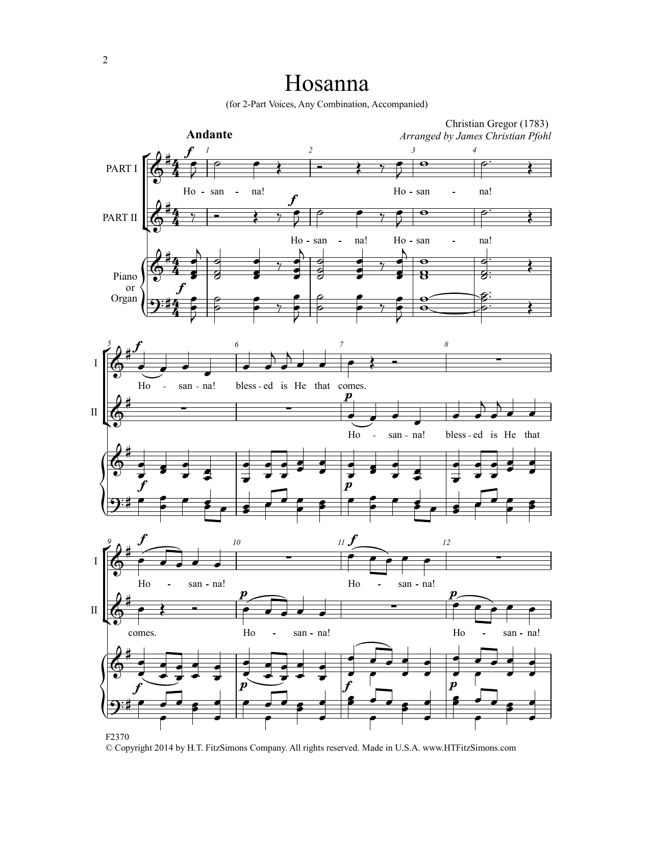 Christian Gregor Hosanna (arr. James Christian Pfohl) sheet music notes and chords arranged for 2-Part Choir