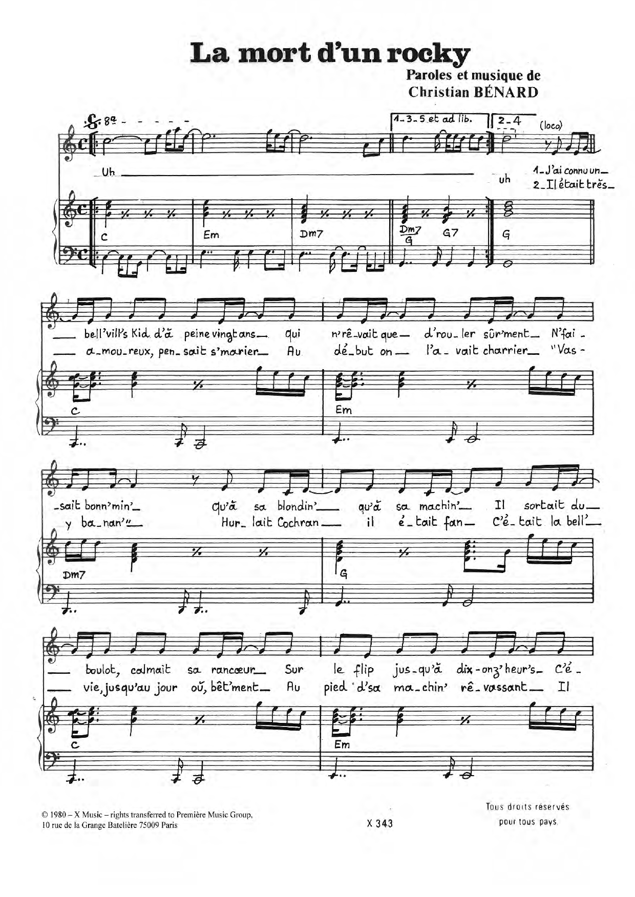 Christian La Mort D'un Rocky sheet music notes and chords arranged for Piano & Vocal