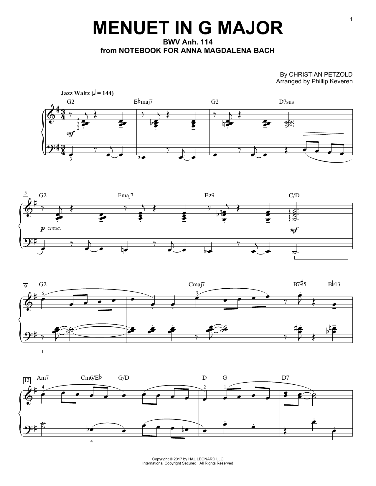 Christian Petzold Menuet In G Major, BMV Anh. 114 [Jazz version] (arr. Phillip Keveren) sheet music notes and chords arranged for Piano Solo