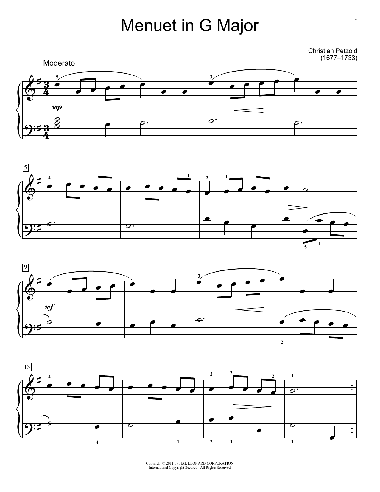 Christian Petzold Menuet In G Major, BWV App. 114 sheet music notes and chords arranged for Educational Piano
