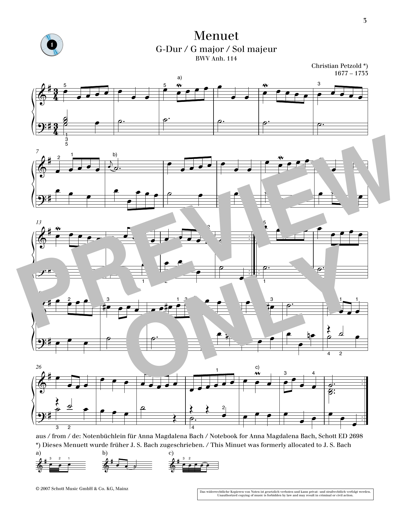 Christian Petzold Minuet G major sheet music notes and chords arranged for Piano Solo