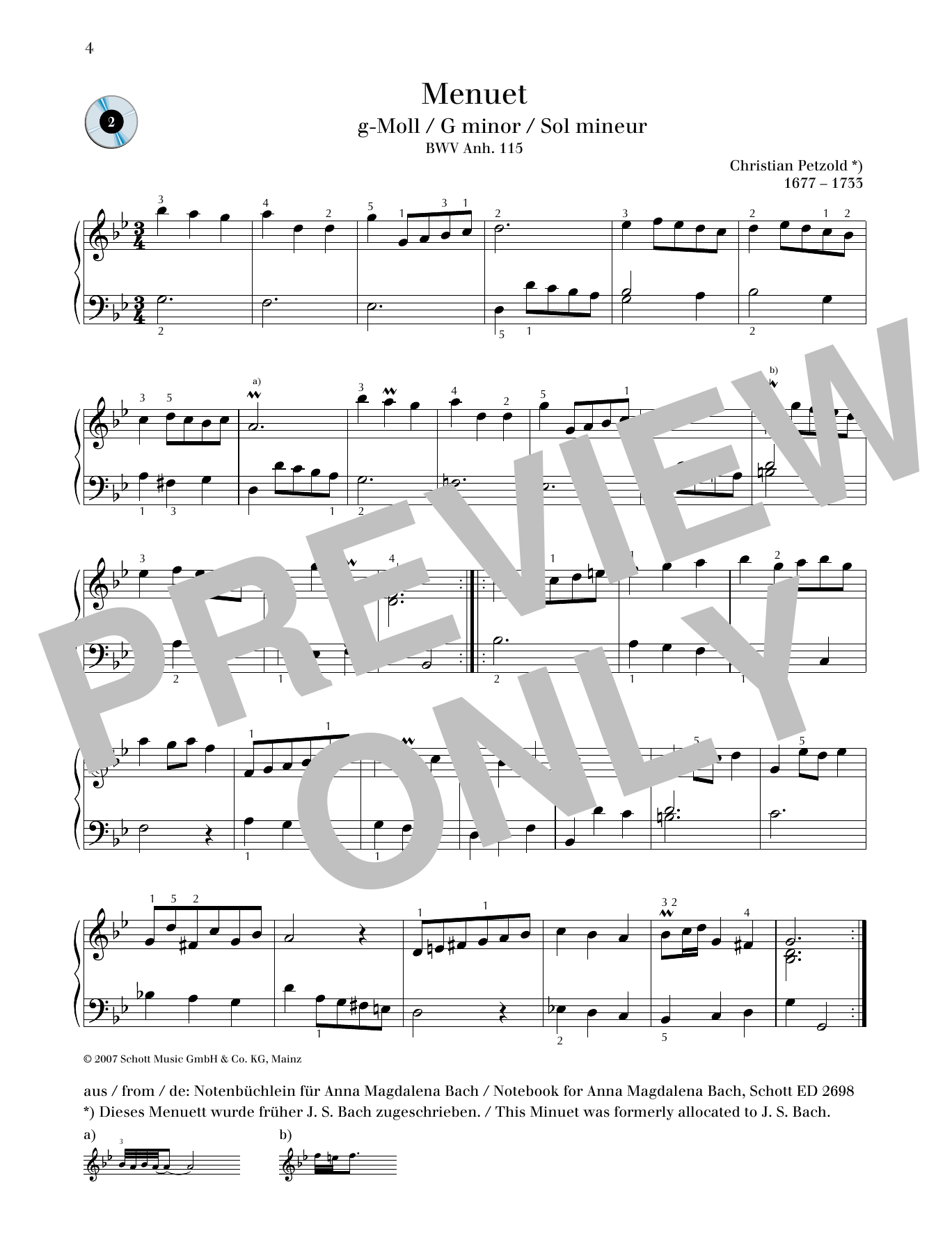 Christian Petzold Minuet G minor sheet music notes and chords arranged for Piano Solo