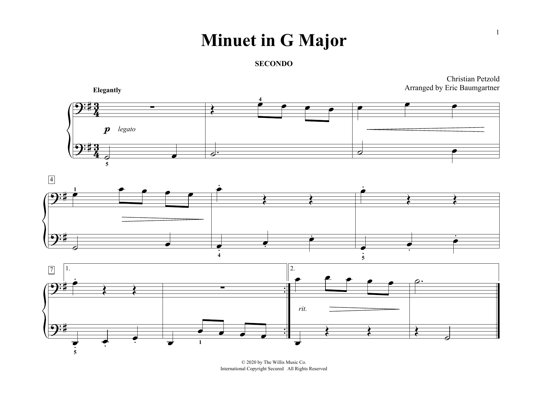 Christian Petzold Minuet In G Major (arr. Eric Baumgartner) sheet music notes and chords arranged for Piano Duet