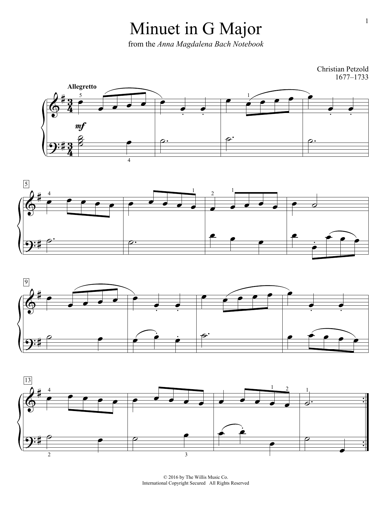 Christian Petzold Minuet In G Major sheet music notes and chords arranged for Educational Piano