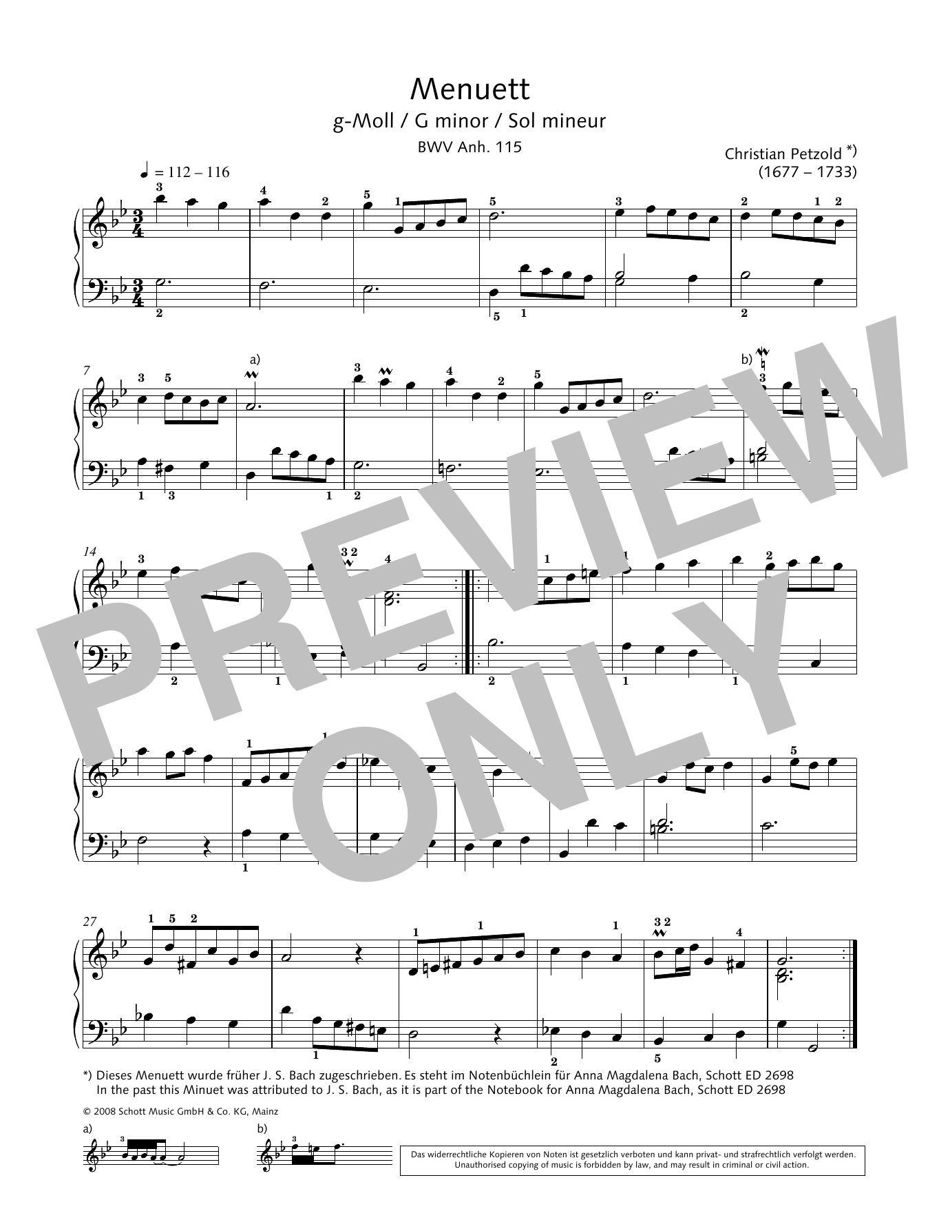 Christian Petzold Minuet In G Minor, BWV Anh. 115 sheet music notes and chords arranged for Educational Piano