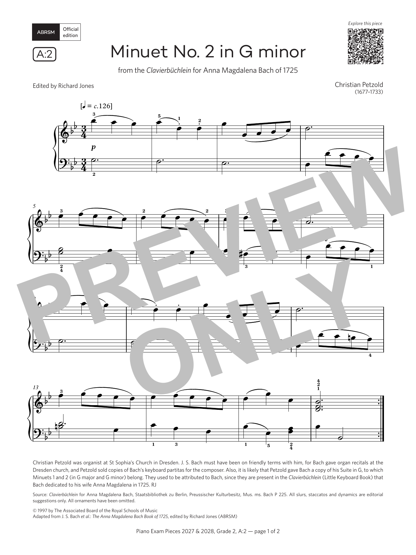 Christian Petzold Minuet no. 2 in G minor (Grade 2, list A2, from the ABRSM Piano Syllabus 2027 & 2028) sheet music notes and chords arranged for Piano Solo
