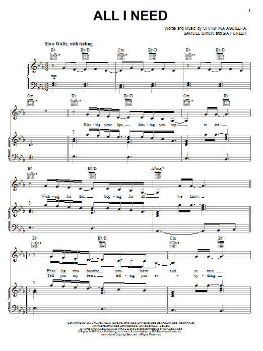 Christina Aguilera All I Need sheet music notes and chords arranged for Piano, Vocal & Guitar Chords (Right-Hand Melody)