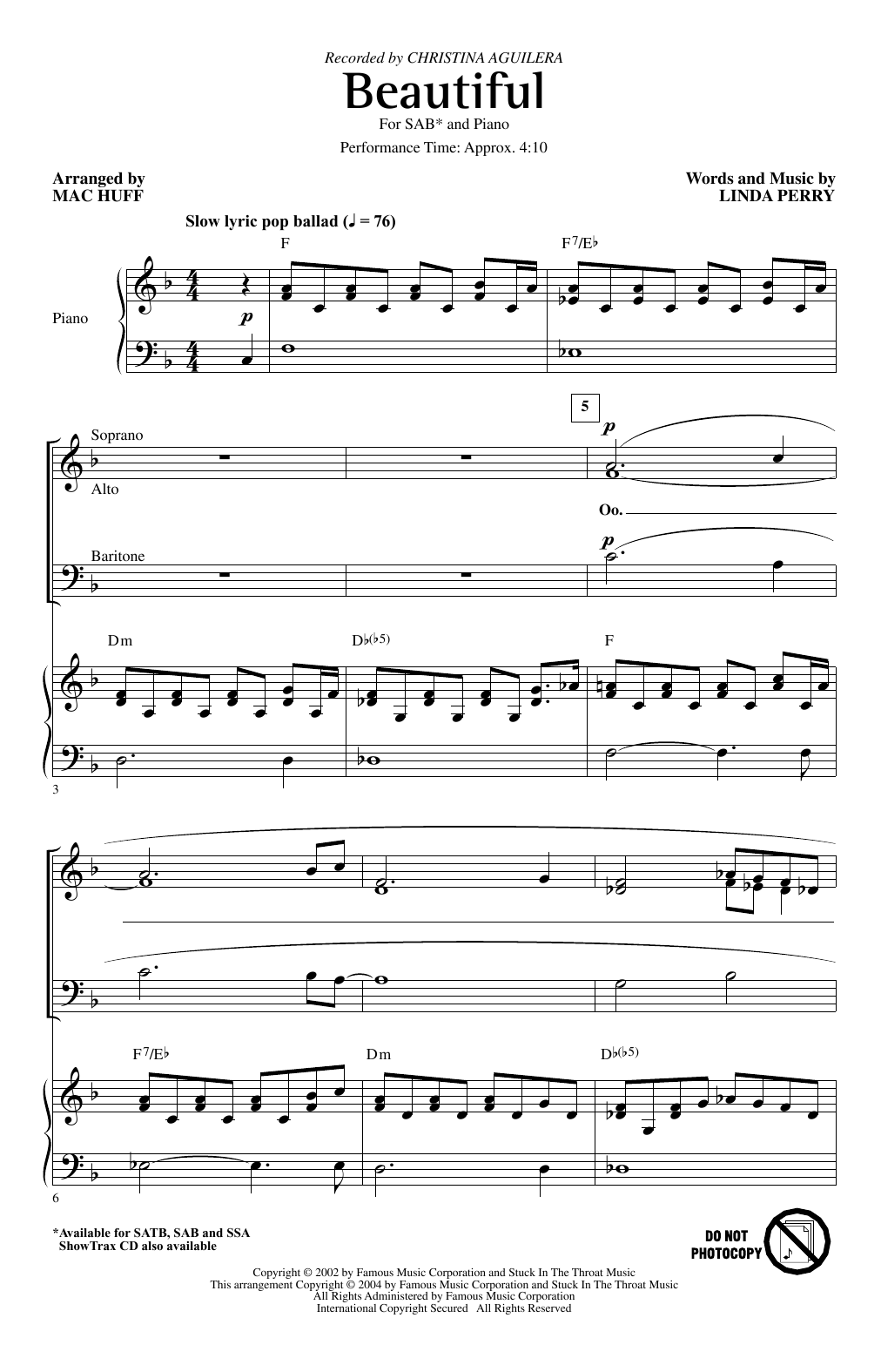 Christina Aguilera Beautiful (arr. Mac Huff) sheet music notes and chords arranged for SSA Choir