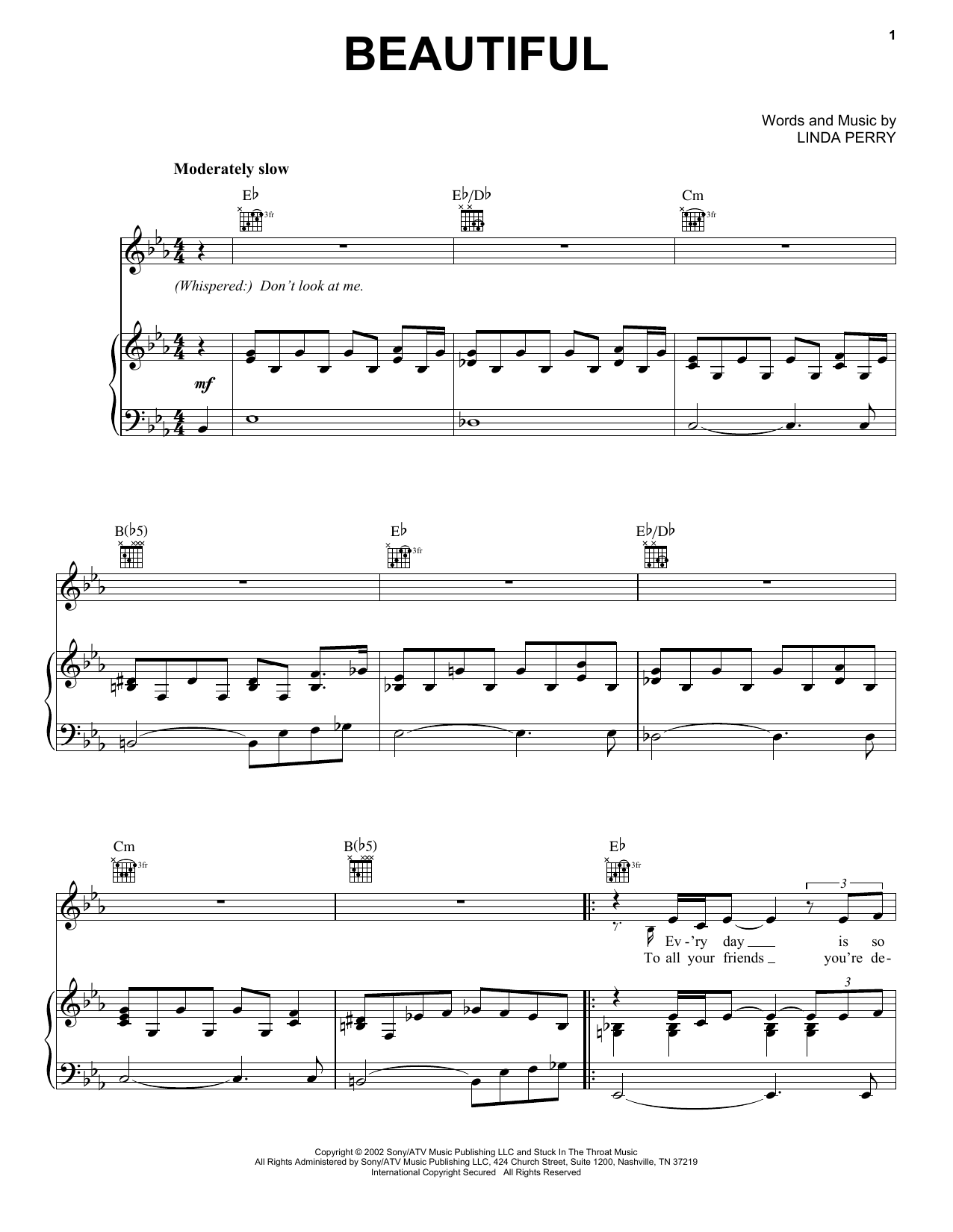 Christina Aguilera Beautiful sheet music notes and chords arranged for Piano Chords/Lyrics