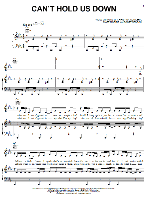Christina Aguilera Can't Hold Us Down sheet music notes and chords arranged for Piano, Vocal & Guitar Chords (Right-Hand Melody)