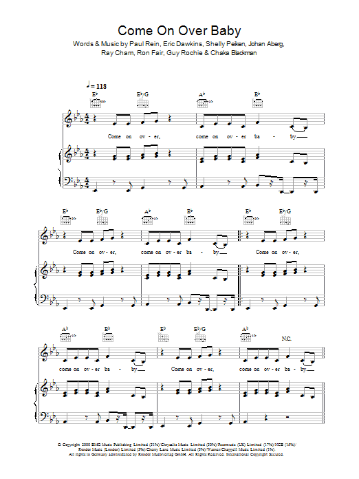 Christina Aguilera Come On Over Baby (All I Want Is You) sheet music notes and chords arranged for Piano, Vocal & Guitar Chords (Right-Hand Melody)