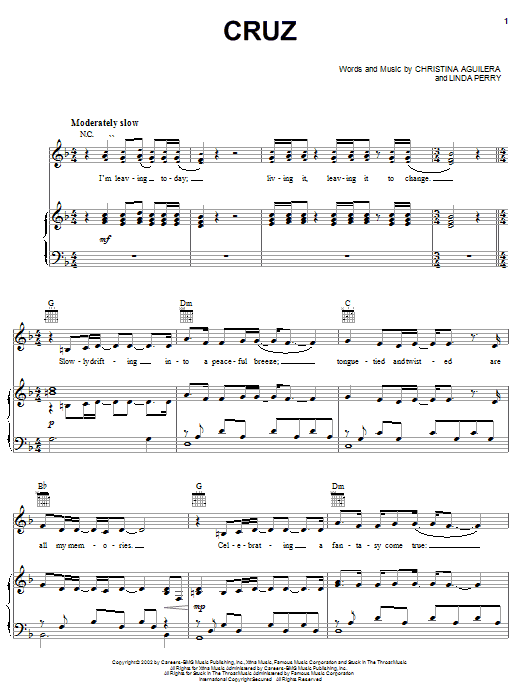 Christina Aguilera Cruz sheet music notes and chords arranged for Piano, Vocal & Guitar Chords (Right-Hand Melody)