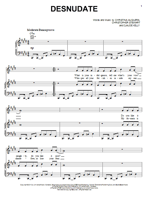 Christina Aguilera Desnudate sheet music notes and chords arranged for Piano, Vocal & Guitar Chords (Right-Hand Melody)