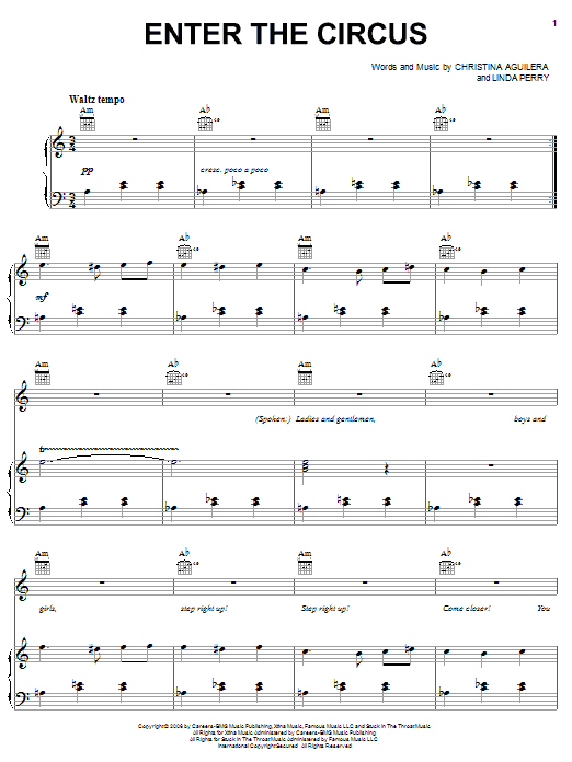 Christina Aguilera Enter The Circus sheet music notes and chords arranged for Piano, Vocal & Guitar Chords (Right-Hand Melody)